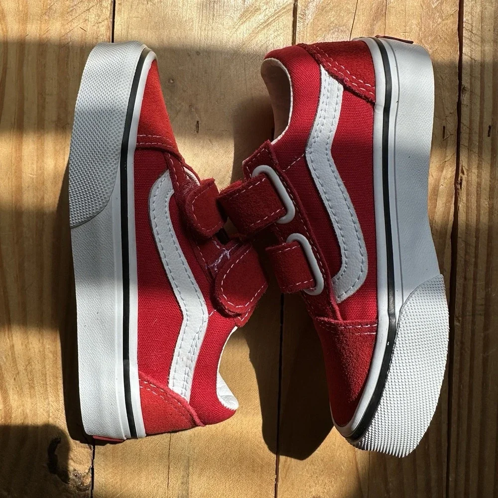 VANS Old Skool Red White Suede Canvas Sneakers Unisex Kids US 10.5 Hook & Loop
